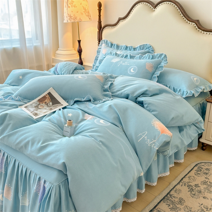 91家纺网 家纺一手货源 找家纺 缦彩 2025新款全棉纯棉磨毛公主风花边床裙四件套 花信光夕-蓝