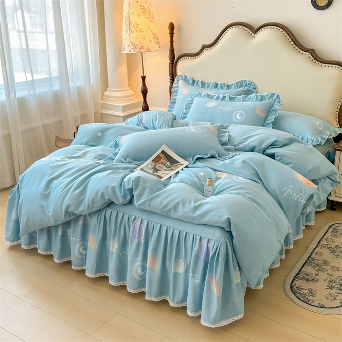 91家纺网 家纺一手货源 找家纺 缦彩 2025新款全棉纯棉磨毛公主风花边床裙四件套 花信光夕-蓝