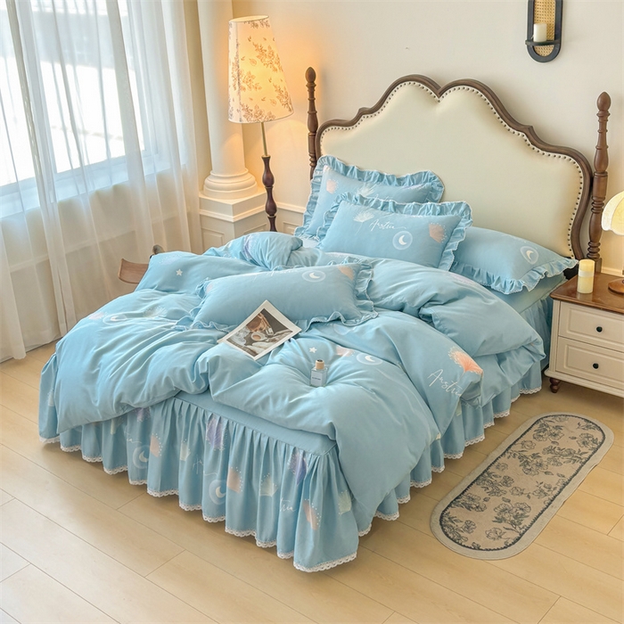 91家纺网 家纺一手货源 找家纺 缦彩 2025新款全棉纯棉磨毛公主风花边床裙四件套 花信光夕-蓝