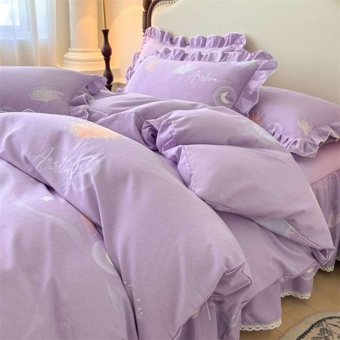 缦彩 2025新款全棉纯棉磨毛公主风花边床裙四件套 花信光夕-紫