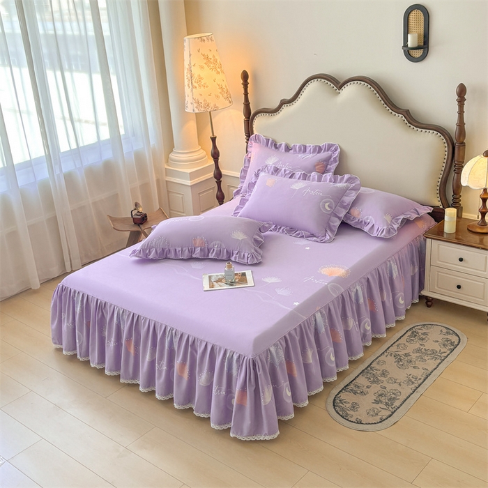 91家纺网 家纺一手货源 找家纺 缦彩 2025新款全棉纯棉磨毛公主风花边床裙四件套 花信光夕-紫