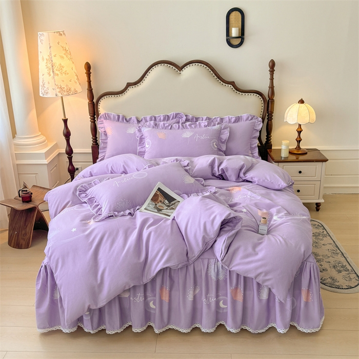 91家纺网 家纺一手货源 找家纺 缦彩 2025新款全棉纯棉磨毛公主风花边床裙四件套 花信光夕-紫