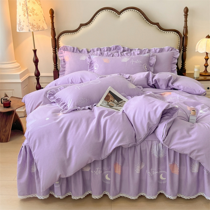 91家纺网 家纺一手货源 找家纺 缦彩 2025新款全棉纯棉磨毛公主风花边床裙四件套 花信光夕-紫