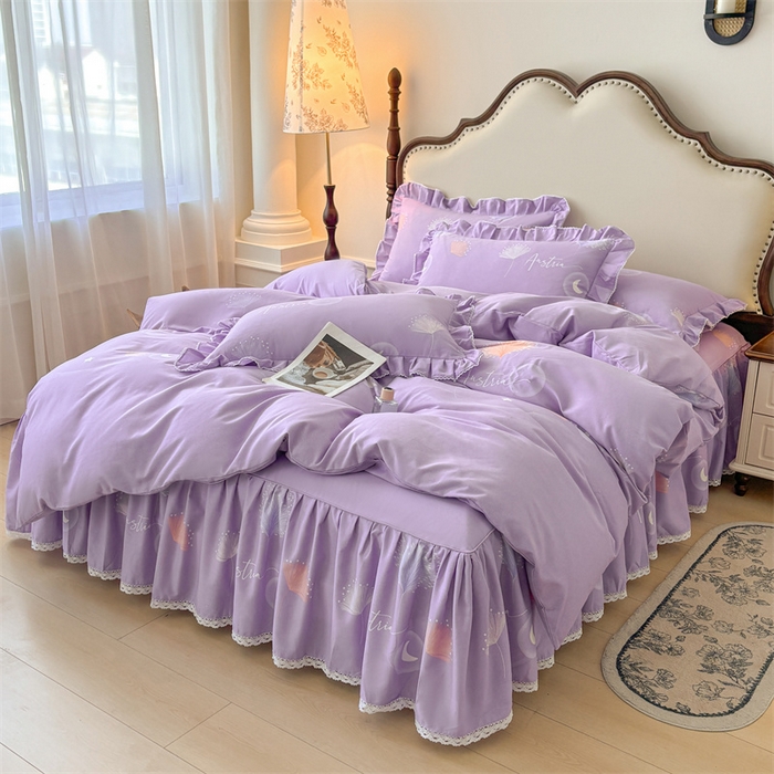 91家纺网 家纺一手货源 找家纺 缦彩 2025新款全棉纯棉磨毛公主风花边床裙四件套 花信光夕-紫