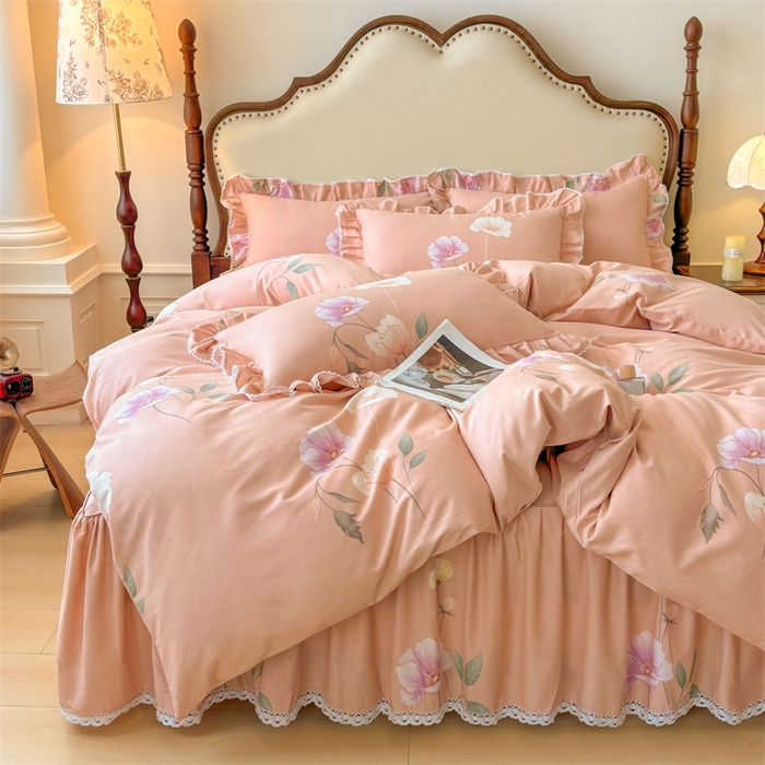 91家纺网 家纺一手货源 找家纺 缦彩 2025新款全棉纯棉磨毛公主风花边床裙四件套 花艺清梦-粉