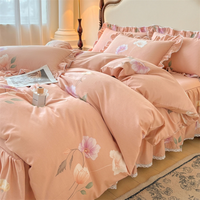 91家纺网 家纺一手货源 找家纺 缦彩 2025新款全棉纯棉磨毛公主风花边床裙四件套 花艺清梦-粉