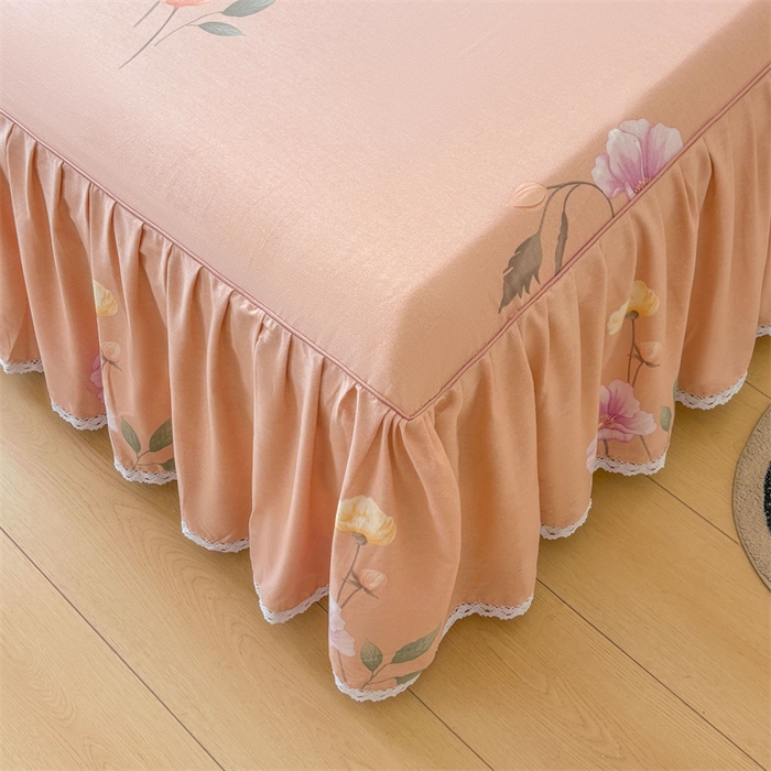 91家纺网 家纺一手货源 找家纺 缦彩 2025新款全棉纯棉磨毛公主风花边床裙四件套 花艺清梦-粉