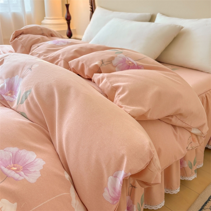 91家纺网 家纺一手货源 找家纺 缦彩 2025新款全棉纯棉磨毛公主风花边床裙四件套 花艺清梦-粉