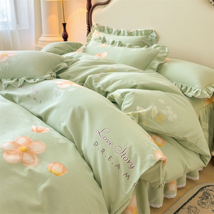 缦彩 2025新款全棉纯棉磨毛公主风花边床裙四件套 槿花怒放-绿
