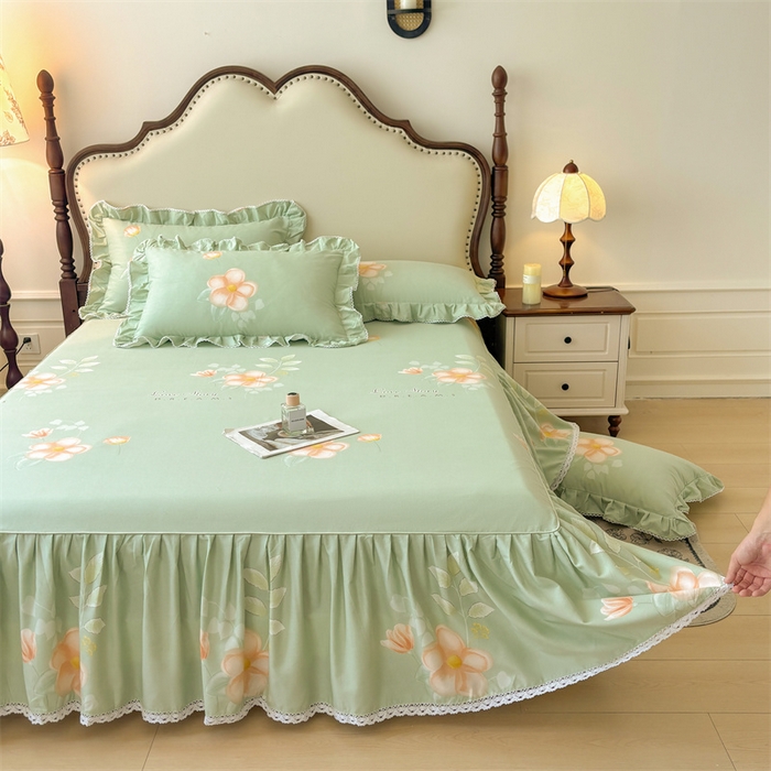 91家纺网 家纺一手货源 找家纺 缦彩 2025新款全棉纯棉磨毛公主风花边床裙四件套 槿花怒放-绿
