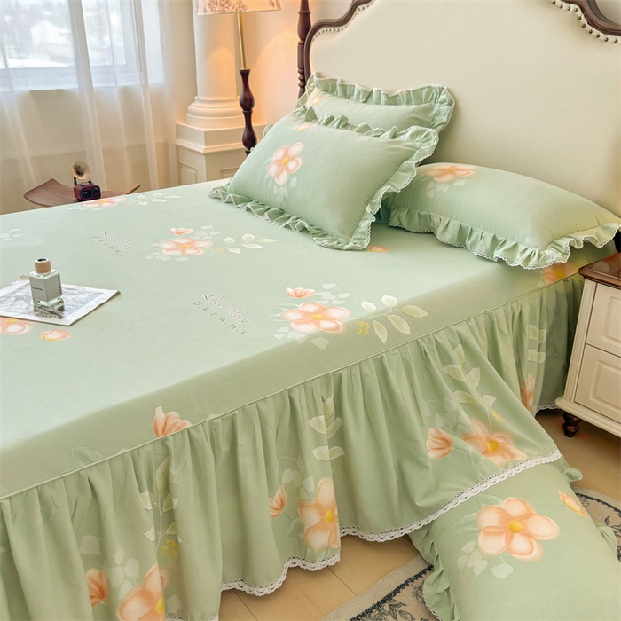 91家纺网 家纺一手货源 找家纺 缦彩 2025新款全棉纯棉磨毛公主风花边床裙四件套 槿花怒放-绿