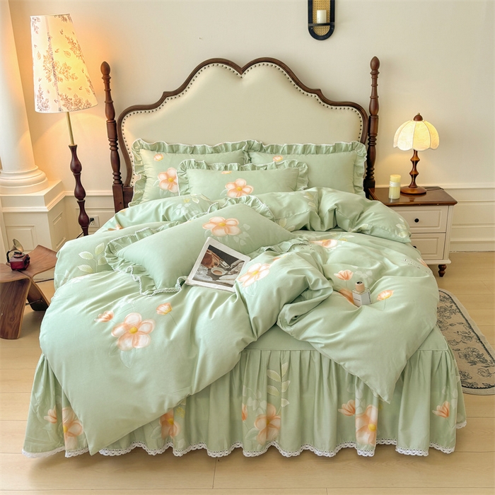 91家纺网 家纺一手货源 找家纺 缦彩 2025新款全棉纯棉磨毛公主风花边床裙四件套 槿花怒放-绿