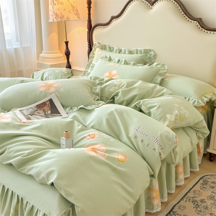 91家纺网 家纺一手货源 找家纺 缦彩 2025新款全棉纯棉磨毛公主风花边床裙四件套 槿花怒放-绿
