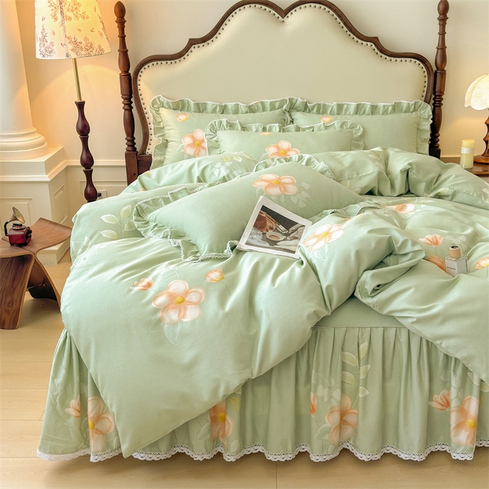 91家纺网 家纺一手货源 找家纺 缦彩 2025新款全棉纯棉磨毛公主风花边床裙四件套 槿花怒放-绿
