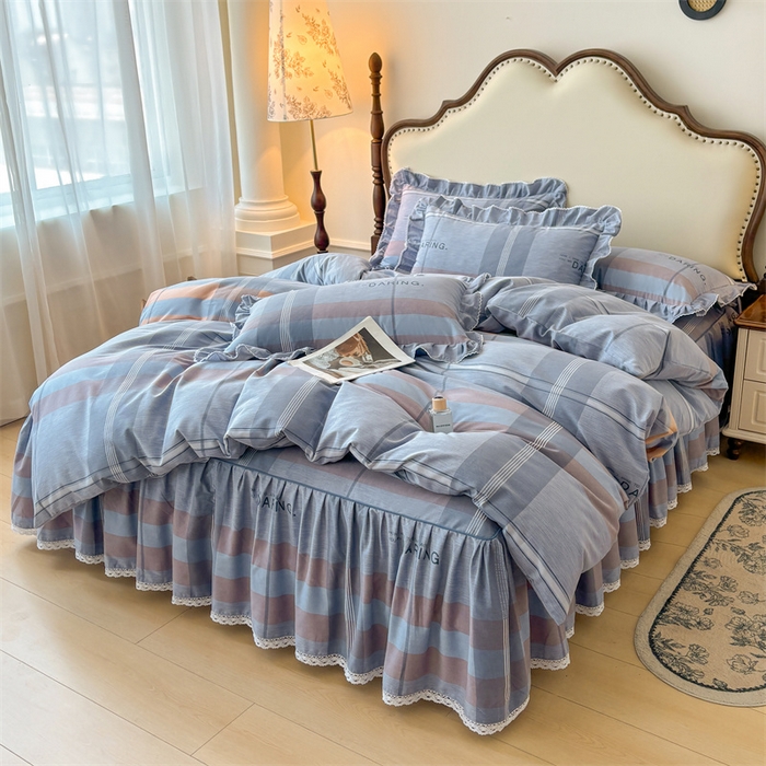 91家纺网 家纺一手货源 找家纺 缦彩 2025新款全棉纯棉磨毛公主风花边床裙四件套 索伦格