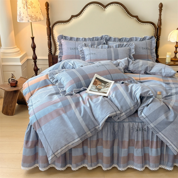 91家纺网 家纺一手货源 找家纺 缦彩 2025新款全棉纯棉磨毛公主风花边床裙四件套 索伦格