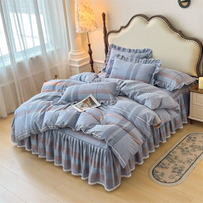 91家纺网 家纺一手货源 找家纺 缦彩 2025新款全棉纯棉磨毛公主风花边床裙四件套 索伦格