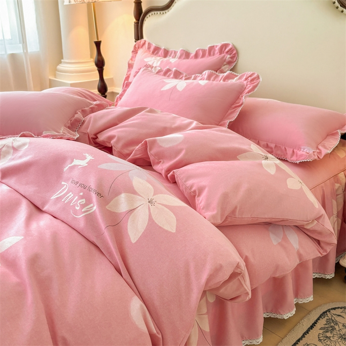 缦彩 2025新款全棉纯棉磨毛公主风花边床裙四件套 幽诺花梦-粉
