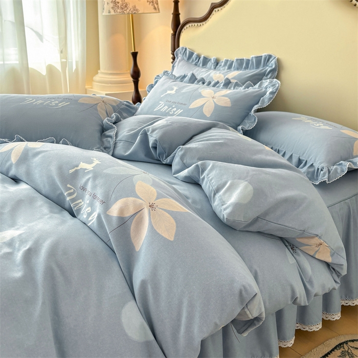 缦彩 2025新款全棉纯棉磨毛公主风花边床裙四件套 幽诺花梦-蓝