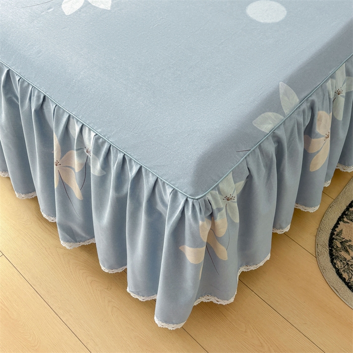 91家纺网 家纺一手货源 找家纺 缦彩 2025新款全棉纯棉磨毛公主风花边床裙四件套 幽诺花梦-蓝