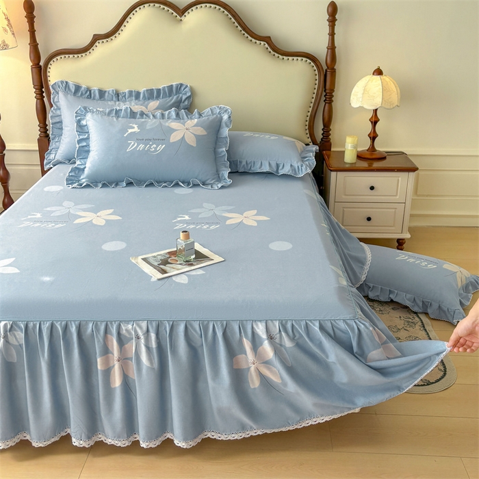 91家纺网 家纺一手货源 找家纺 缦彩 2025新款全棉纯棉磨毛公主风花边床裙四件套 幽诺花梦-蓝
