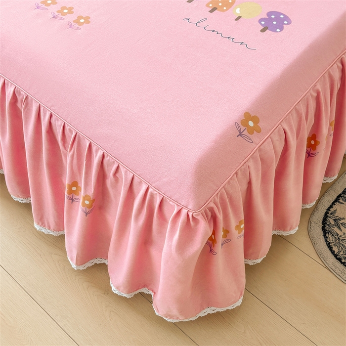 91家纺网 家纺一手货源 找家纺 缦彩 2025新款全棉纯棉磨毛公主风花边床裙四件套 珍妮粉