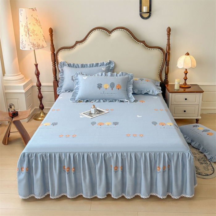 91家纺网 家纺一手货源 找家纺 缦彩 2025新款全棉纯棉磨毛公主风花边床裙四件套 珍妮蓝