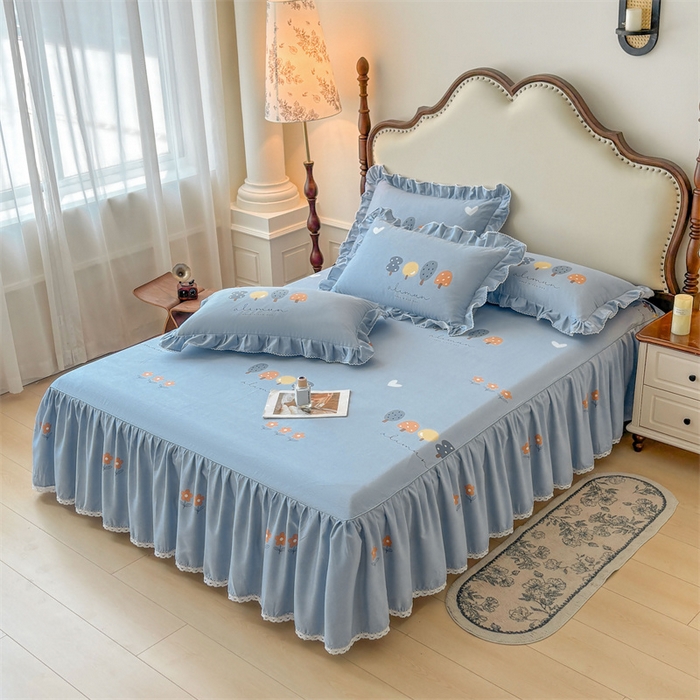 91家纺网 家纺一手货源 找家纺 缦彩 2025新款全棉纯棉磨毛公主风花边床裙四件套 珍妮蓝