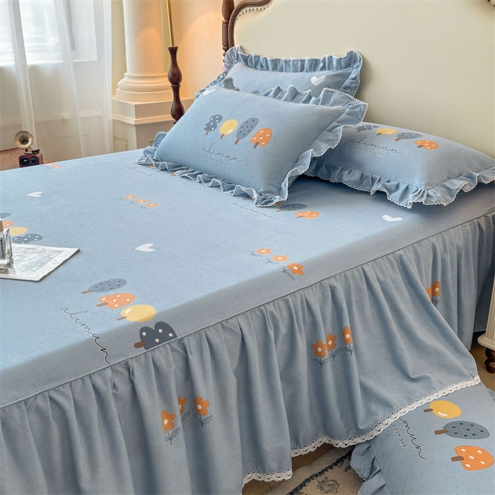 91家纺网 家纺一手货源 找家纺 缦彩 2025新款全棉纯棉磨毛公主风花边床裙四件套 珍妮蓝