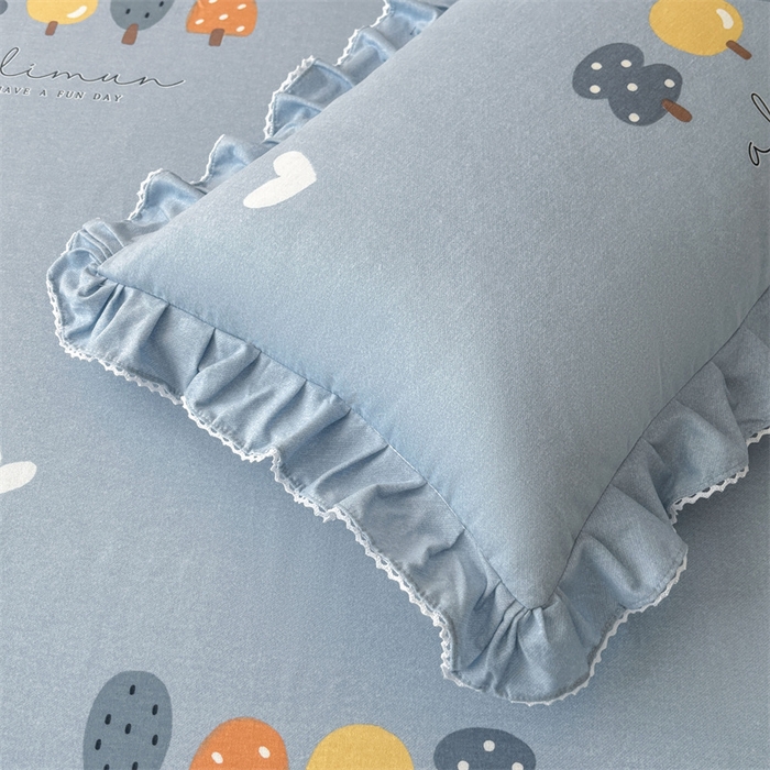 91家纺网 家纺一手货源 找家纺 缦彩 2025新款全棉纯棉磨毛公主风花边床裙四件套 珍妮蓝