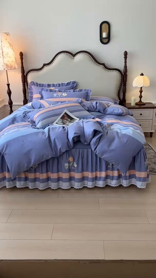 91家纺网 家纺一手货源 找家纺 缦彩 2025新款全棉纯棉磨毛公主风花边床裙四件套 浅忆雏菊-蓝