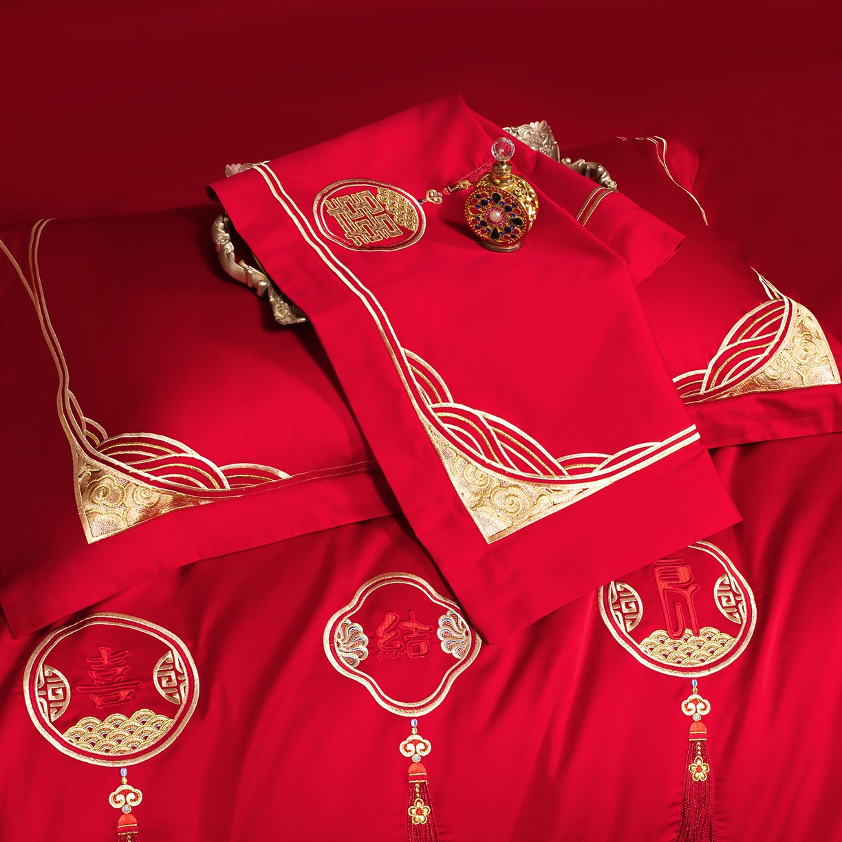 91家纺网 家纺一手货源 找家纺 柏拉图 2025新款100s贡缎长绒棉提花婚庆系列四件套多件套 新喜结良缘