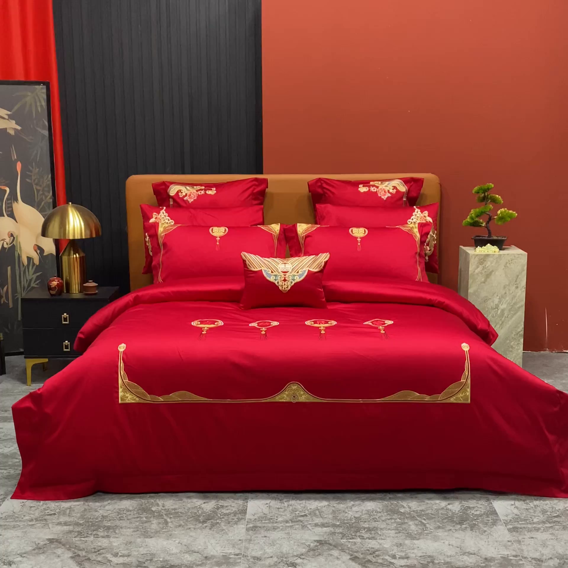 91家纺网 家纺一手货源 找家纺 柏拉图 2025新款100s贡缎长绒棉提花婚庆系列四件套多件套 新喜结良缘