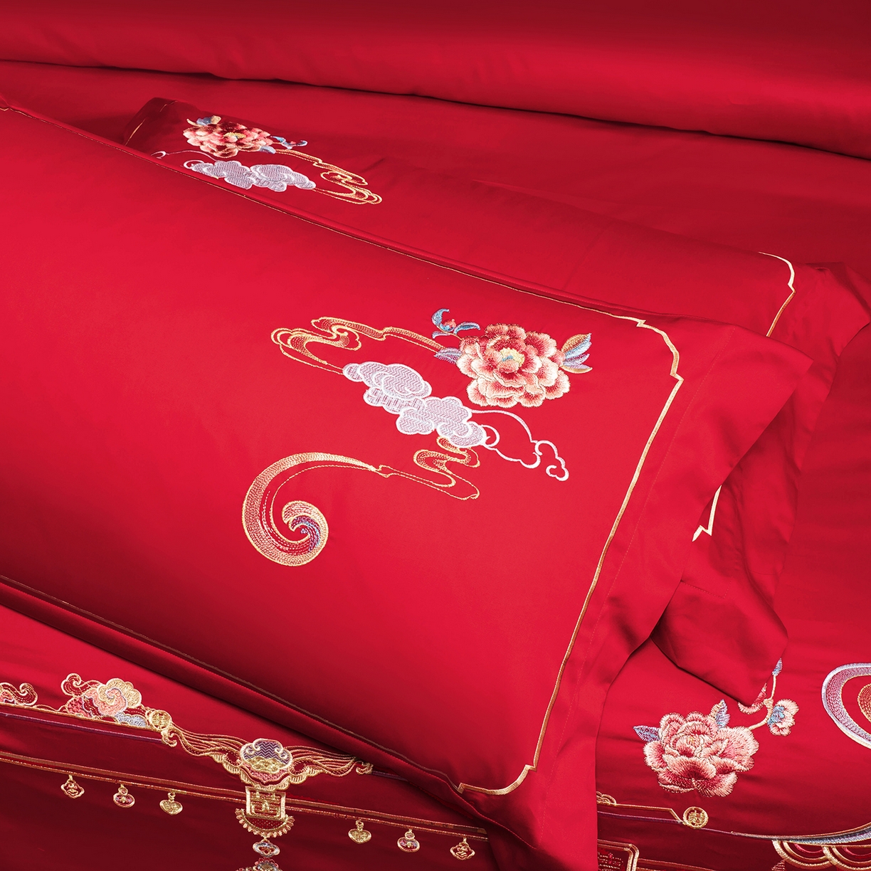 91家纺网 家纺一手货源 找家纺 柏拉图 2025新款100s贡缎长绒棉提花婚庆系列四件套多件套 喜事连连