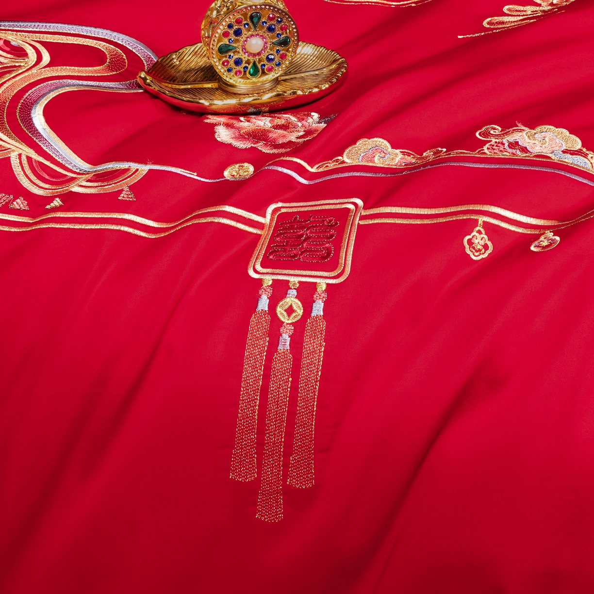 91家纺网 家纺一手货源 找家纺 柏拉图 2025新款100s贡缎长绒棉提花婚庆系列四件套多件套 喜事连连