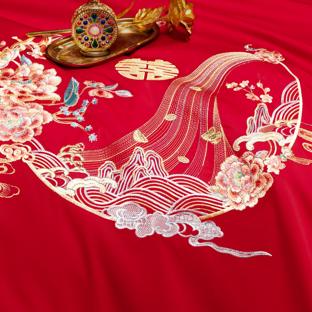 91家纺网 家纺一手货源 找家纺 柏拉图 2025新款100s贡缎长绒棉提花婚庆系列四件套多件套 喜事连连