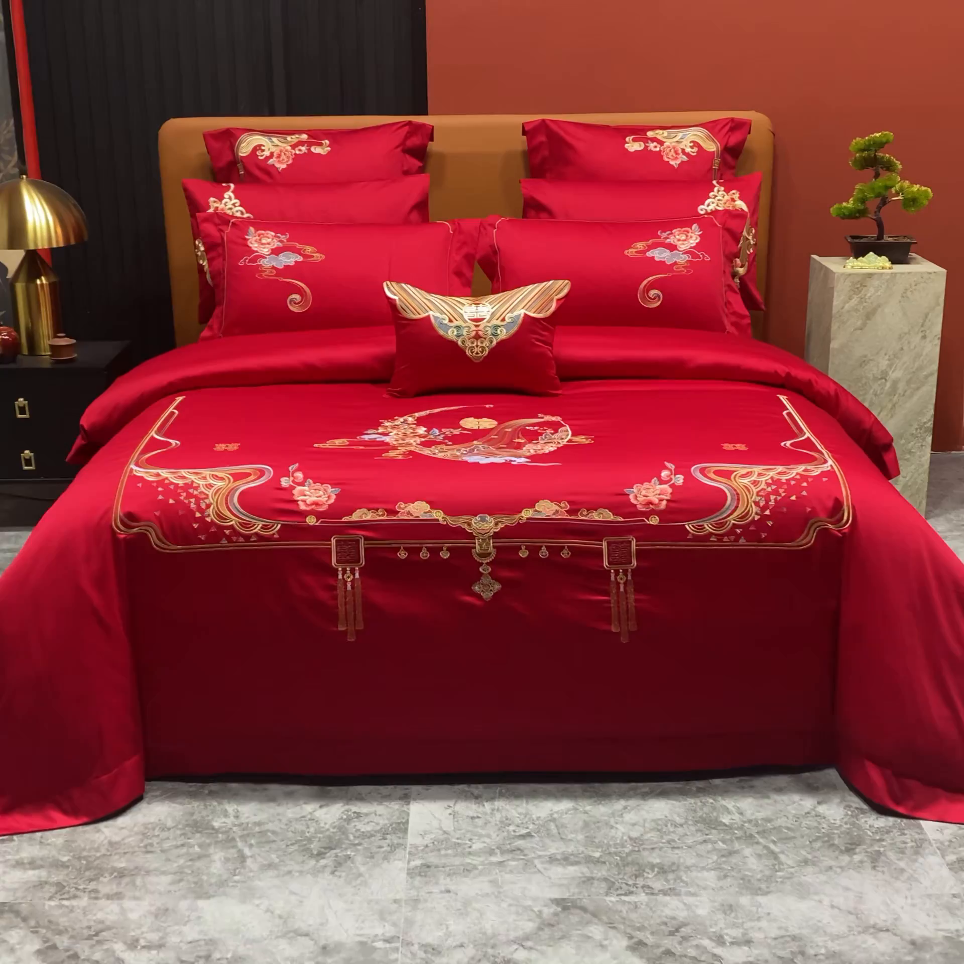 91家纺网 家纺一手货源 找家纺 柏拉图 2025新款100s贡缎长绒棉提花婚庆系列四件套多件套 喜事连连