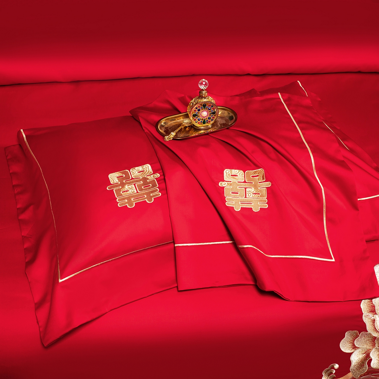 91家纺网 家纺一手货源 找家纺 柏拉图 2025新款100s贡缎长绒棉提花婚庆系列四件套多件套 花田喜事