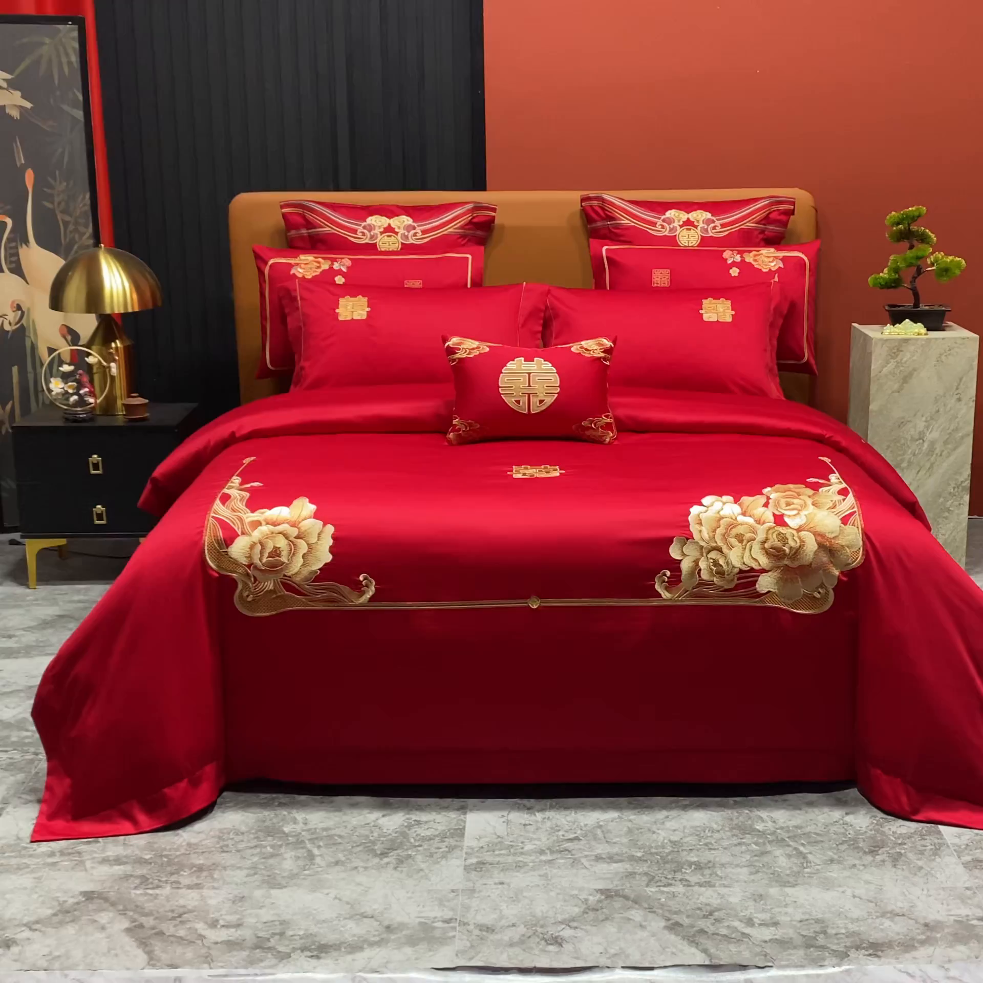 91家纺网 家纺一手货源 找家纺 柏拉图 2025新款100s贡缎长绒棉提花婚庆系列四件套多件套 花田喜事