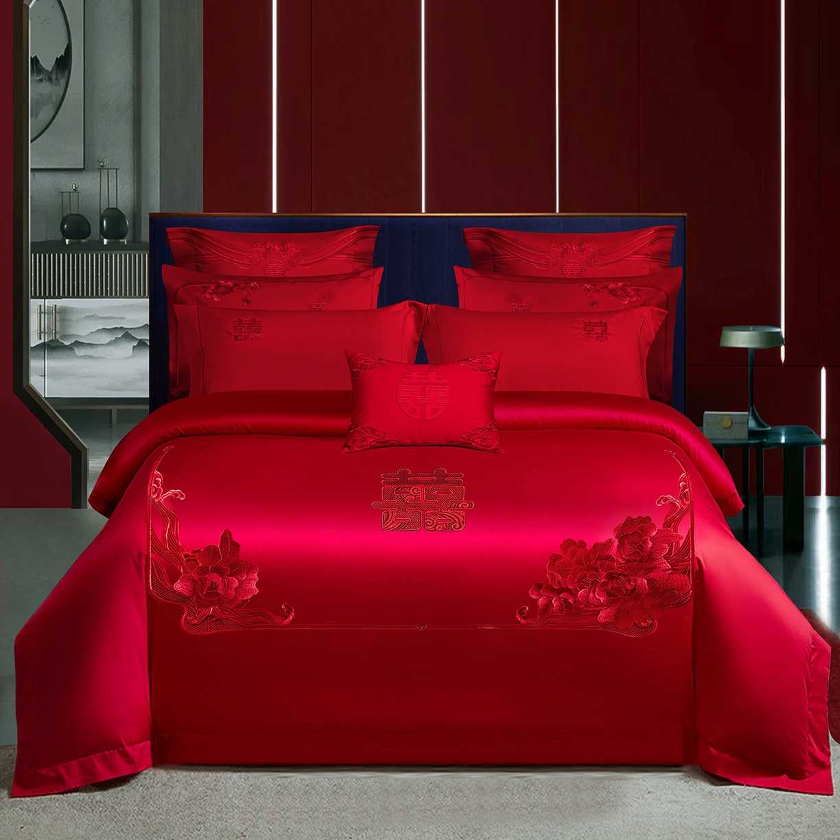 柏拉图 2025新款100s贡缎长绒棉提花婚庆系列四件套多件套 花田喜事-红