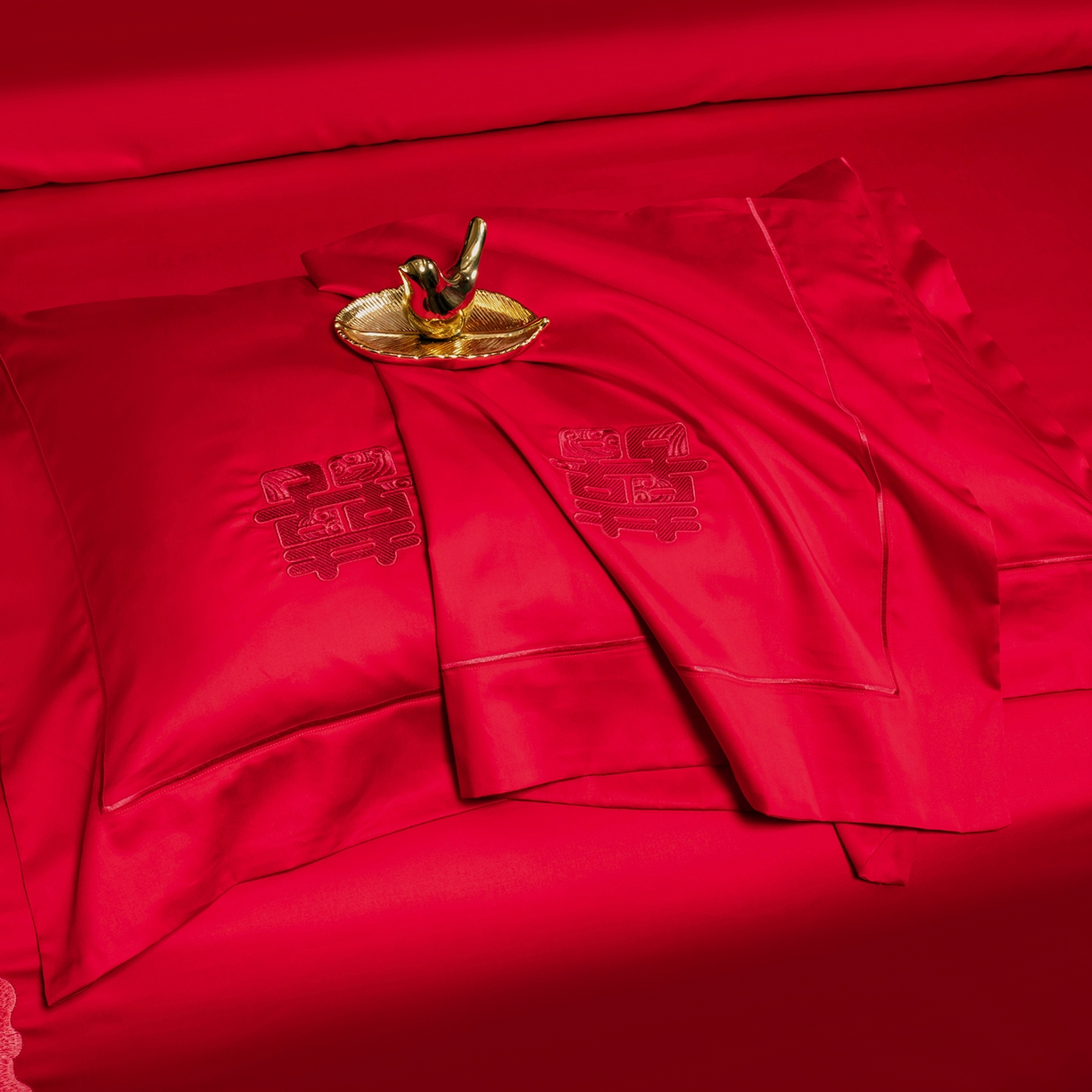 91家纺网 家纺一手货源 找家纺 柏拉图 2025新款100s贡缎长绒棉提花婚庆系列四件套多件套 花田喜事-红