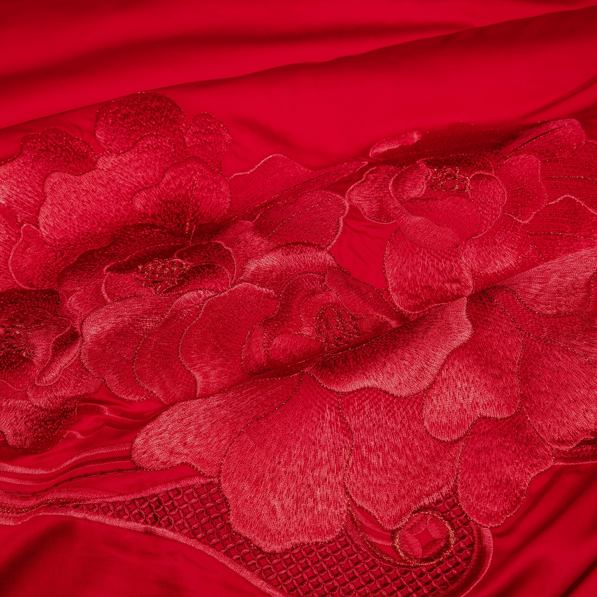 91家纺网 家纺一手货源 找家纺 柏拉图 2025新款100s贡缎长绒棉提花婚庆系列四件套多件套 花田喜事-红