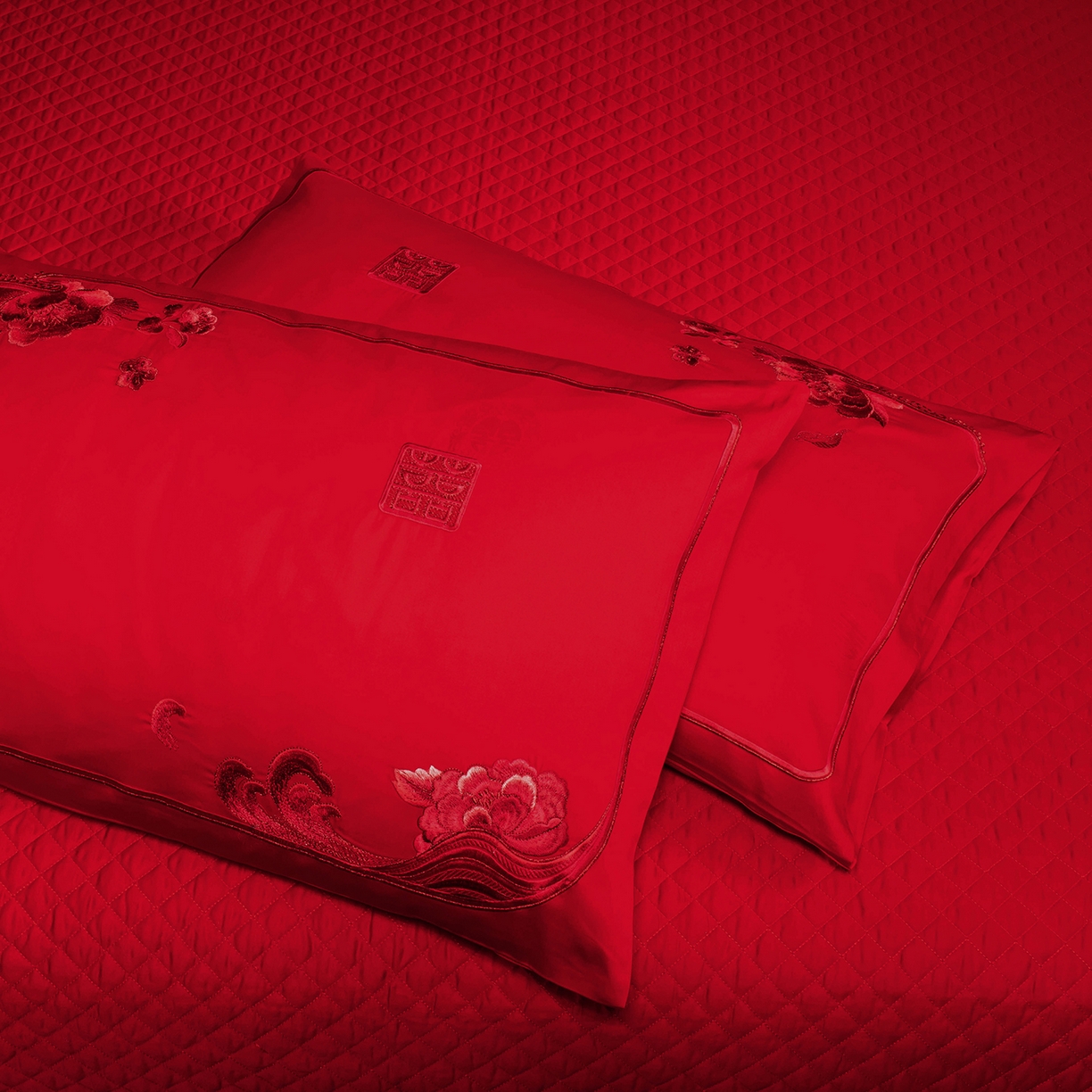 91家纺网 家纺一手货源 找家纺 柏拉图 2025新款100s贡缎长绒棉提花婚庆系列四件套多件套 花田喜事-红