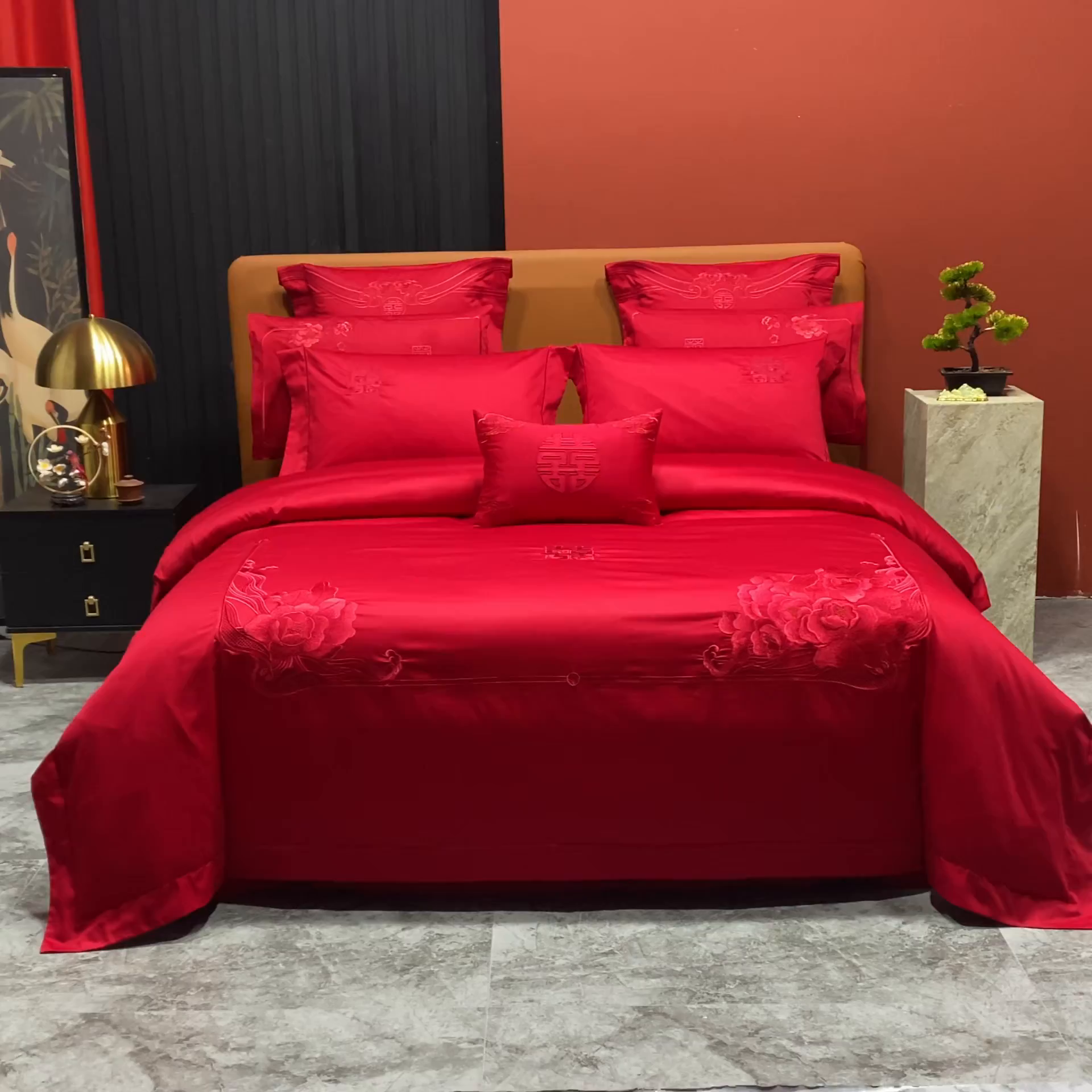 91家纺网 家纺一手货源 找家纺 柏拉图 2025新款100s贡缎长绒棉提花婚庆系列四件套多件套 花田喜事-红