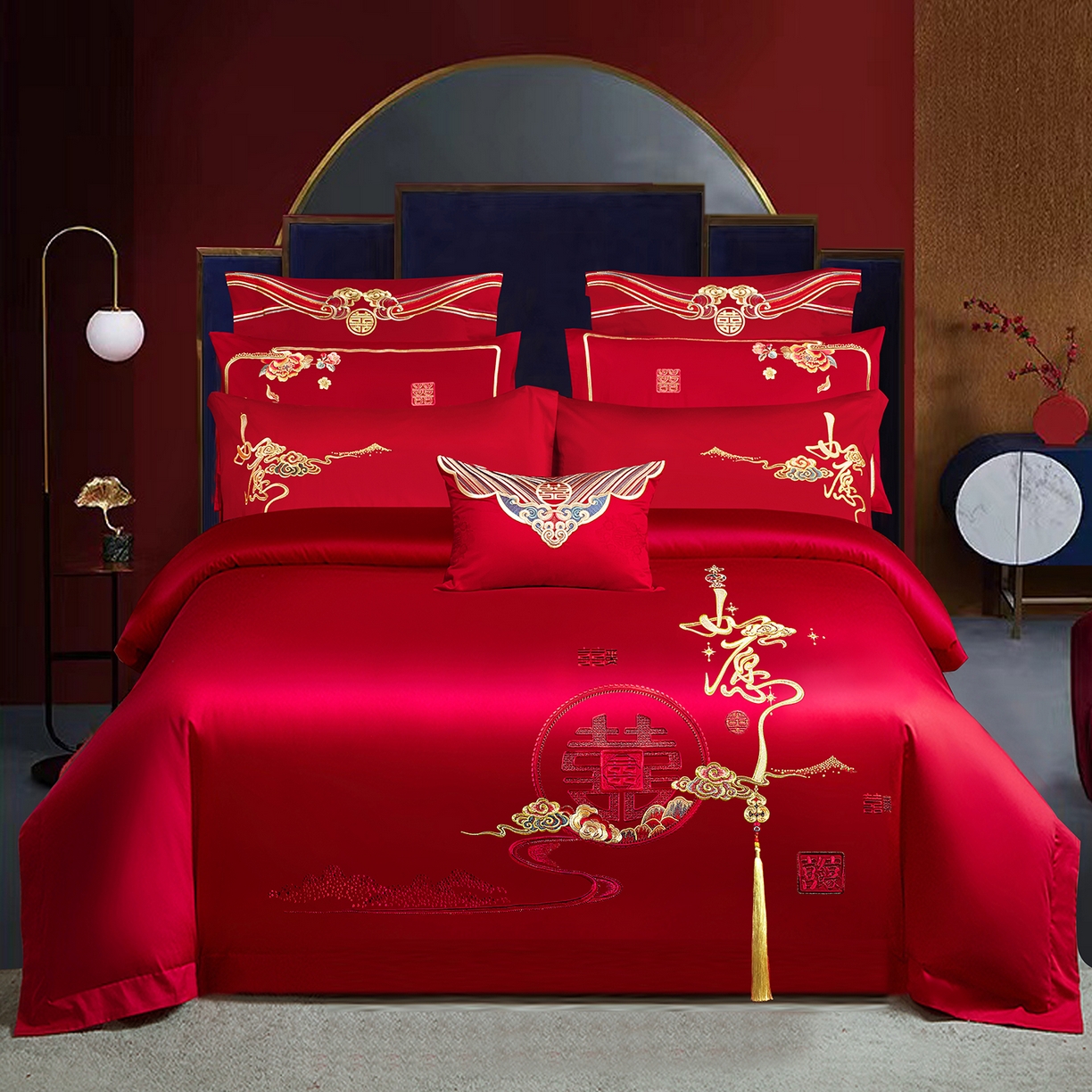 91家纺网 家纺一手货源 找家纺 柏拉图 2025新款100s贡缎长绒棉提花婚庆系列四件套多件套 如愿