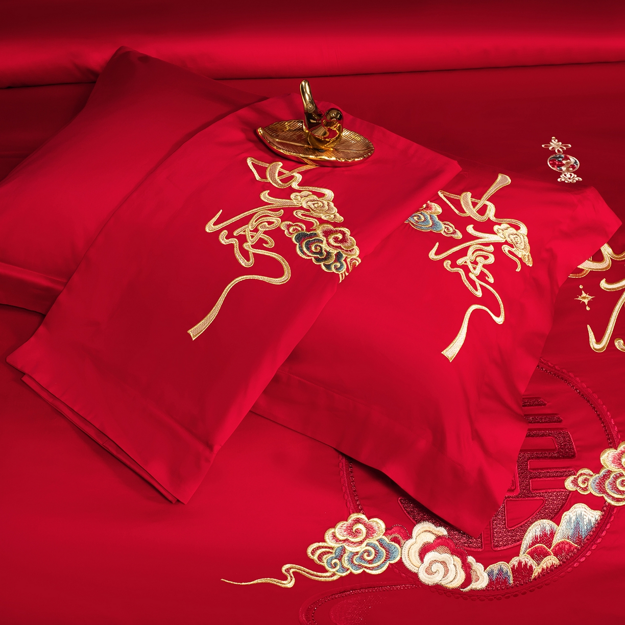 91家纺网 家纺一手货源 找家纺 柏拉图 2025新款100s贡缎长绒棉提花婚庆系列四件套多件套 如愿