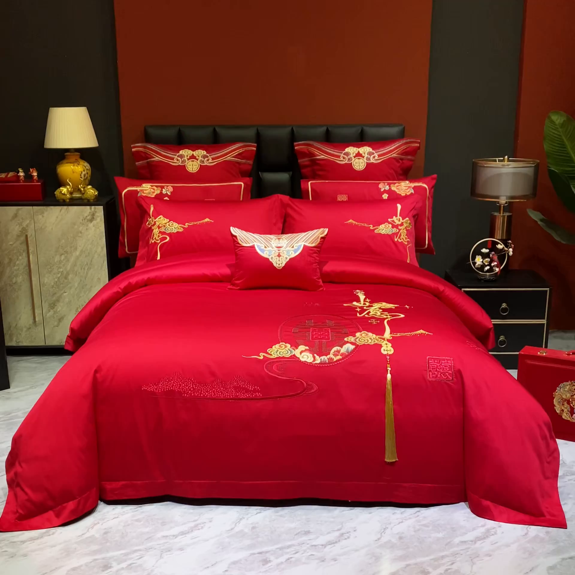 91家纺网 家纺一手货源 找家纺 柏拉图 2025新款100s贡缎长绒棉提花婚庆系列四件套多件套 如愿