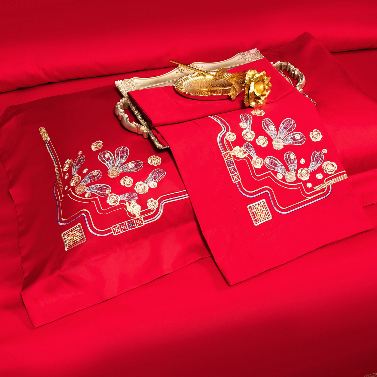 91家纺网 家纺一手货源 找家纺 柏拉图 2025新款100s贡缎长绒棉提花婚庆系列四件套多件套 柔情蜜语