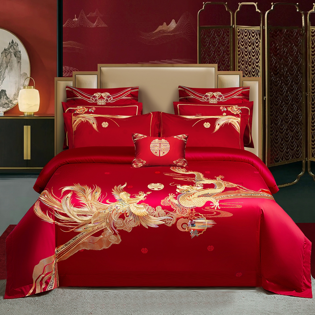 91家纺网 家纺一手货源 找家纺 （总）柏拉图 2025新款100s长绒棉贡缎提花重工艺刺绣婚庆四件套多件套