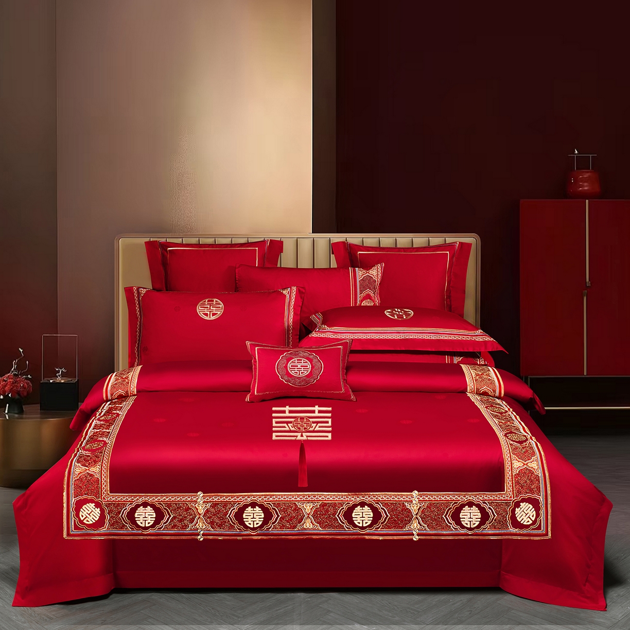 91家纺网 家纺一手货源 找家纺 （总）柏拉图 2025新款100s长绒棉贡缎提花重工艺刺绣婚庆四件套多件套